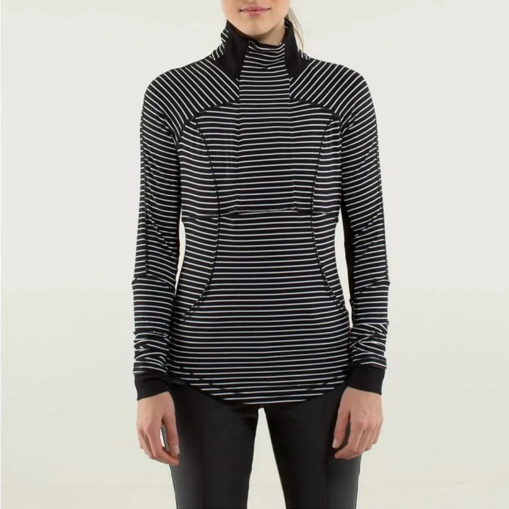 Lululemon Base Runner Half Zip Pullover Long Sleeve Top Black and White Stripes